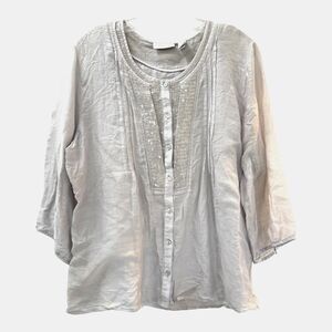Chicos Button Down Shirt Size XL Light Gray Sequined Smocked Lightweight Top